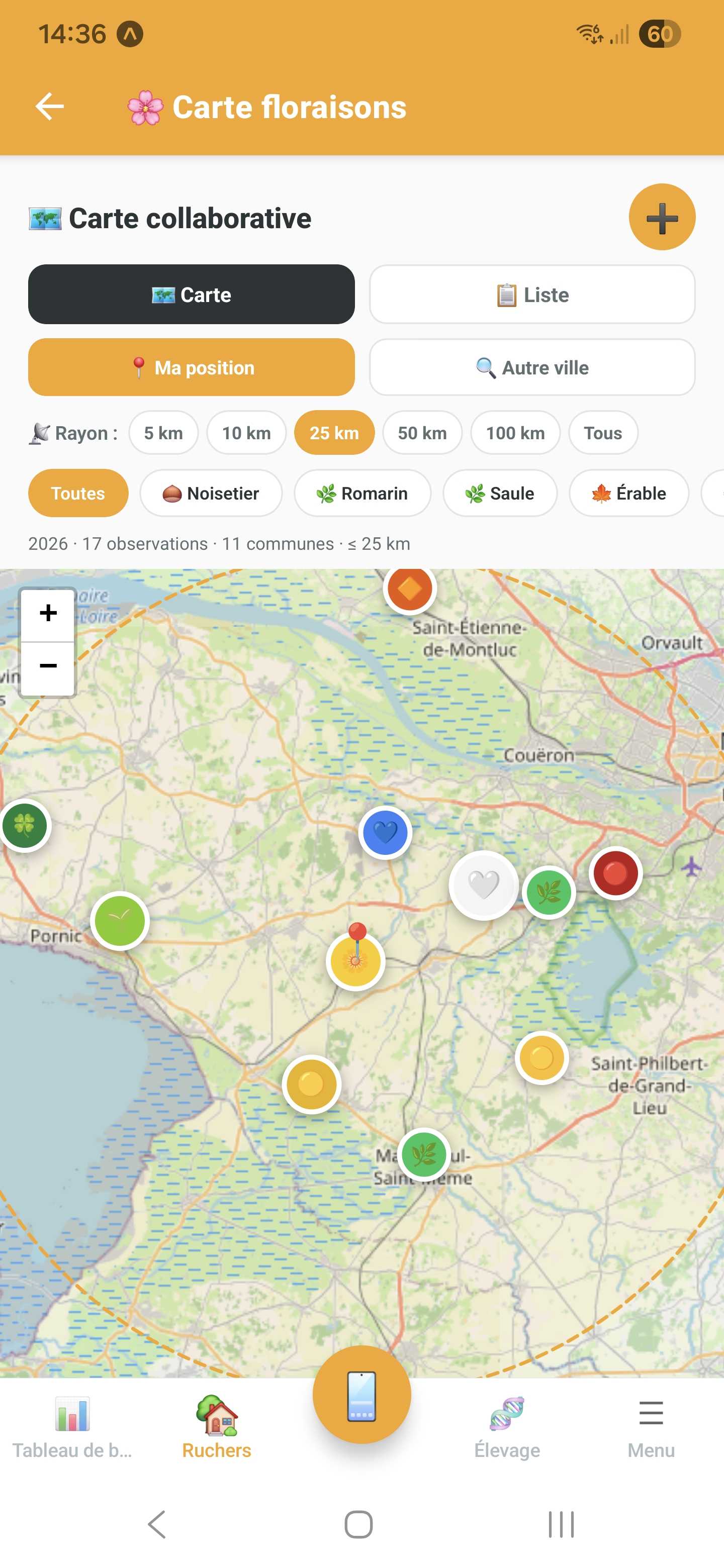 Carte collaborative des observations de floraison dans Api'Track