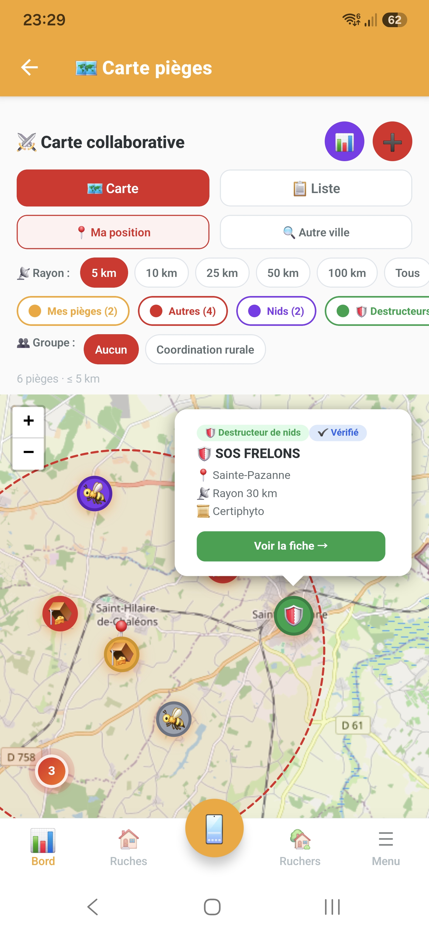 Fiche d'un désinsectiseur de nids de frelons vérifié sur la carte collaborative Api'Track