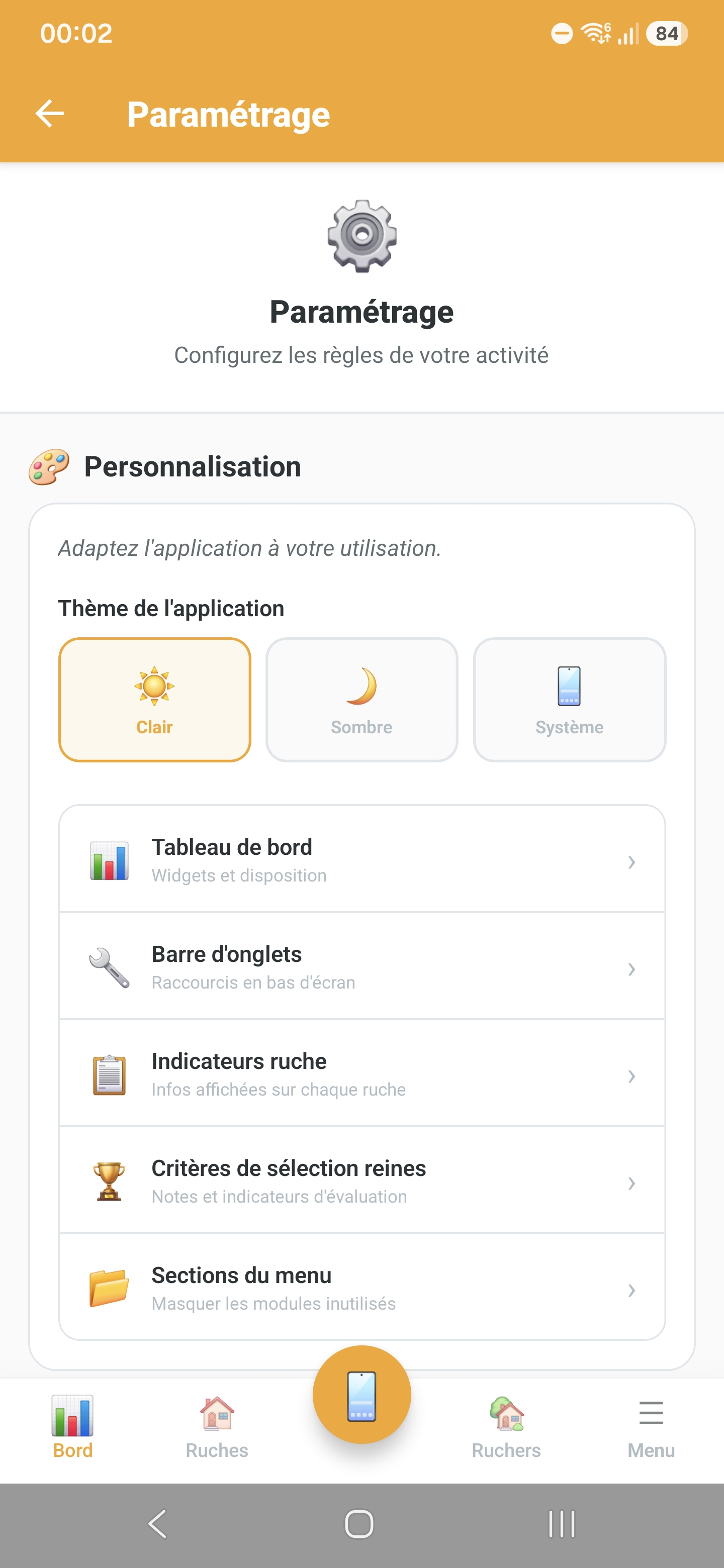 Écran de personnalisation du tableau de bord Api'Track